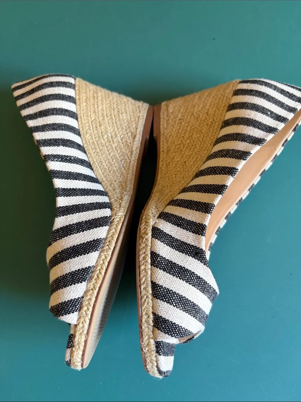 Kelly & Katie Striped Canvas Peep-Toe 3 inch wedge heel - Black & White. 8M